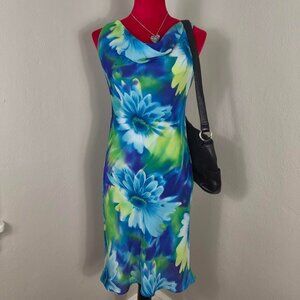 Vintage 90s Fitted Green Blue Digital Floral Frutiger Aero Cyber Dress Size 4